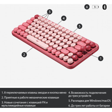 Клавиатура Logitech POP Keys механическая розовый/красный USB беспроводная BT/Radio
