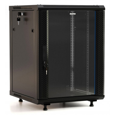 Шкаф коммутационный Hyperline (TWB-FC-1566-GP-RAL9004) напольный 15U 600x600мм пер.дв.стекл 60кг черный IP20 сталь